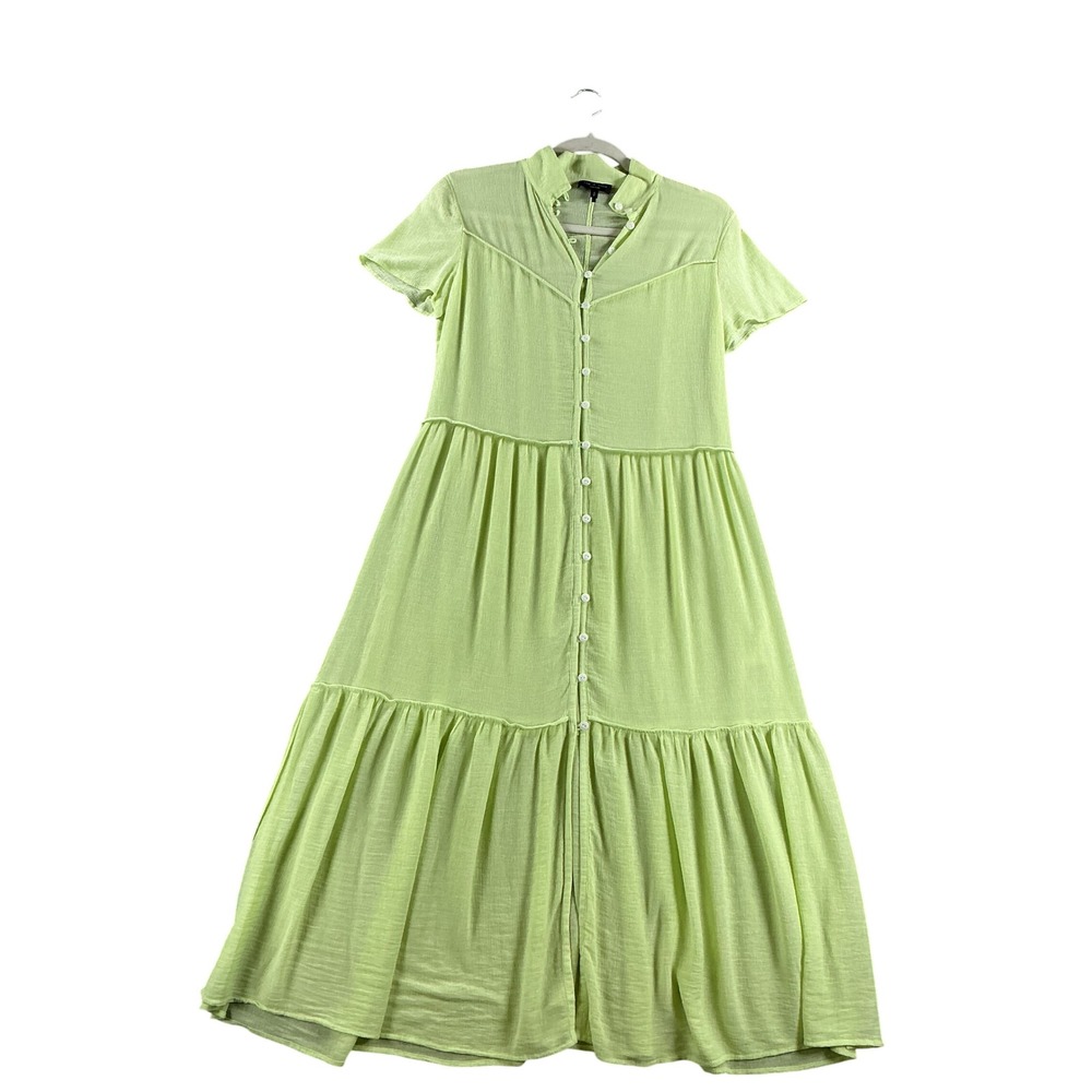 Rag & Bone Lime Green Button Front Tiered Maxi Dress Short Sleeve Small